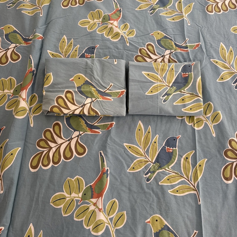 The Company Store Birds Queen Flat Sheet & 2 Std Pillowcases Blue Nature Cotton